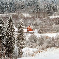 Little red house in the winter forest. Winter landscape. Natural background