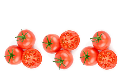 Fresh tomatoes isolated on white background. Panoramic collage. Wide photo with free space for text.
