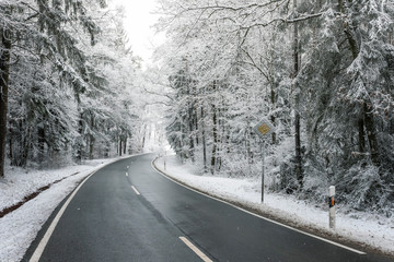 Straße im verschneiten Wald