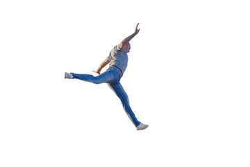 Fototapeta na wymiar young man jumping isolated on white background