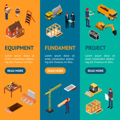 Construction Building Concept Banner Vecrtical Set 3d Isometric View. Vector