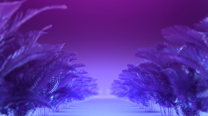 3d render Abstract corridor of blue-violet plants