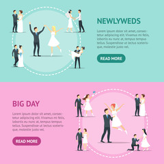 Fototapeta premium Cartoon Newlyweds People Posing Banner Horizontal Set . Vector