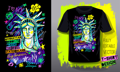 New York, city, american liberty, freedom, monument. Trendy t-shirt template, fashion t shirt design, bright summer, cool slogan lettering. Color pencil, marker, ink pen doodles sketch style