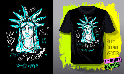 New York, city, american liberty, freedom, monument. Trendy t-shirt template, fashion t shirt design, bright summer, cool slogan lettering. Color pencil, marker ink, pen doodles sketch style