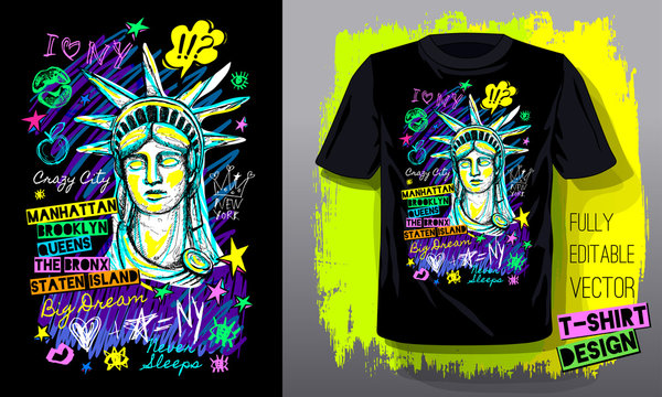 New York, City, American Liberty, Freedom, Monument. Trendy T-shirt Template, Fashion T Shirt Design, Bright Summer, Cool Slogan Lettering. Color Pencil, Marker, Ink Pen Doodles Sketch Style