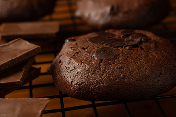 chocolate cookies; closed up selective focus