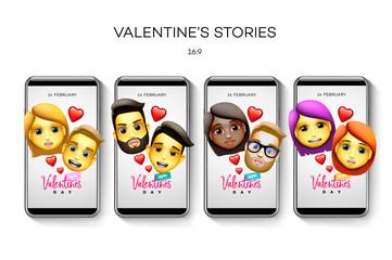 Set of Valentine's day stories template. Streaming. Creative universal Editable cards in trendy style with couple characters, animoji style, vector illustration.