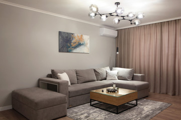Fototapeta na wymiar Grey corner couch with three pillows standing in bright living room interior with painting and carpet.Lightning on.