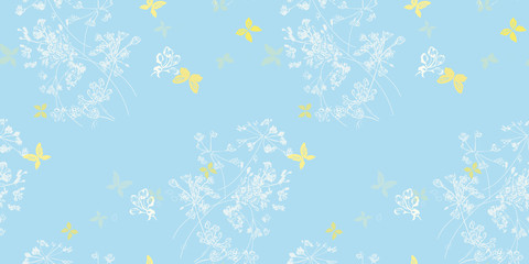 Blue vector repeat pattern with white plants and yellow butterfly. Spring pattern. Surface patternd design.