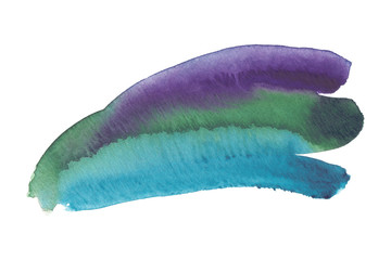 Blue, green and purple brush strokes painted in watercolor on clean white background