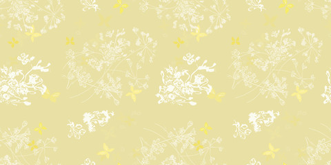 Fototapeta na wymiar Gold vector repeat pattern with white plants and yellow butterfly. Spring & wedding pattern. Surface patternd design.