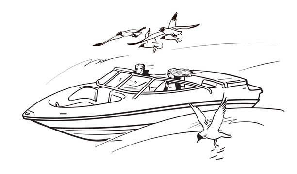 Young couple man and woman, driving speed motor boat among flying seagulls. Boy and girl on summer vacation. Sketch style hand drawn vector illustration.