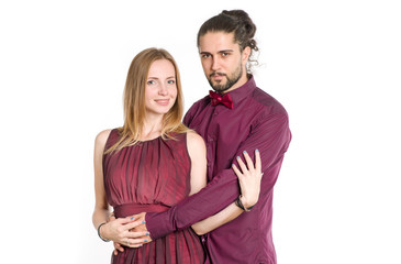 Beautiful couple, man and woman, isolated on white background. Lovers, newlyweds.