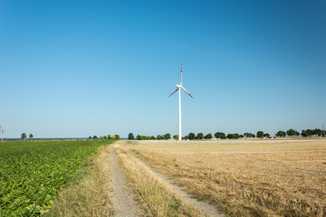 Leśniowice, Poland - August 30, 2017: Road through field and energy windmill.