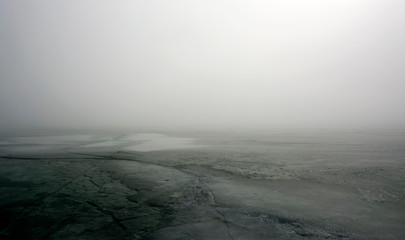 Frozen Lake Balaton in foggy day, Hungary