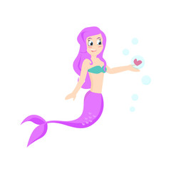 Obraz na płótnie Canvas Beautiful mermaid holding heart inside bubble. Cartoon character, girl, female. Valentines day concept. Can be used for topics like dating, love, romance