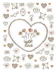 Greeting card for Valentine's Day, Mother's Day, Father's Day, birthday, wedding with vintage heart, flowers and hand drawn elements. Doodles, sketch. Vector illustration.