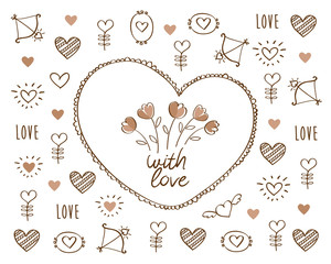 Greeting card for Valentine's Day, Mother's Day, Father's Day, birthday, wedding with vintage heart, flowers and hand drawn elements. Doodles, sketch. Vector illustration.