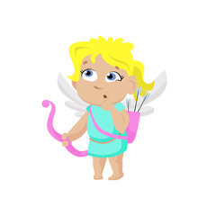 Cute female cupid with bow and arrow thinking over aim. Archery, cherub, angel. Valentines day concept. Can be used for topics like love, romance, dating