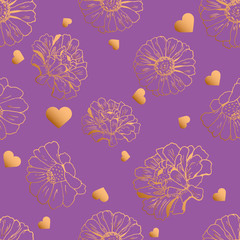 Seamless pattern with hearts and flowers (zinnia, sunflower, daisy, camomile) for textile, bedlinen, packing, pillow, undergarment, wrapping paper. Valentine`s day background. Vector illustration.