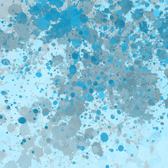 Blue paint splatter effect texture on white paper background. Artistic backdrop. Different paint drops.
