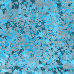 Blue paint splatter effect texture on white paper background. Artistic backdrop. Different paint drops.
