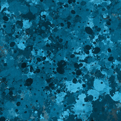 Blue paint splatter effect texture on white paper background. Artistic backdrop. Different paint drops.