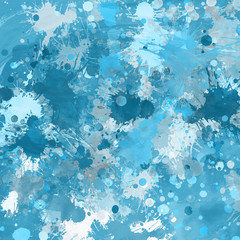 Blue paint splatter effect texture on white paper background. Artistic backdrop. Different paint drops.