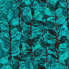 brown branches with blue colored leaves hand painted
