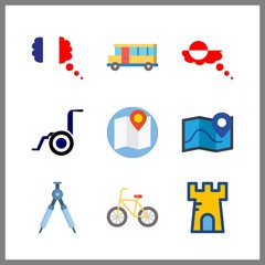 9 tour icon. Vector illustration tour set. compass and grandland icons for tour works