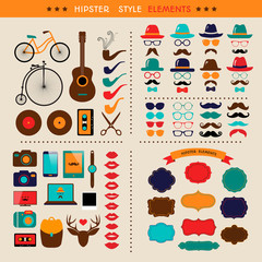 Hipster Colorful Retro Vintage Vector Icon Set. Illustrations of hats, glasses, lips and moustaches.