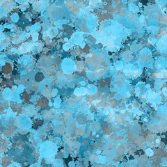 Blue paint splatter effect texture on white paper background. Artistic backdrop. Different paint drops.
