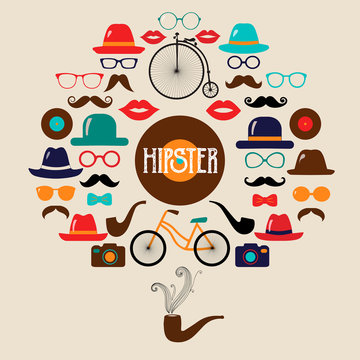 Hipster Colorful Retro Vintage Vector Icon Set. Illustrations of hats, glasses, lips and moustaches.