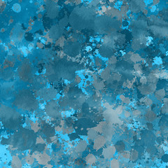 Blue paint splatter effect texture on white paper background. Artistic backdrop. Different paint drops.