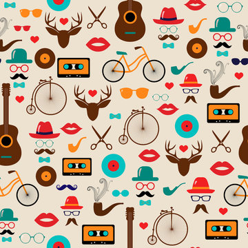 Hipster Colorful Retro Vintage Vector Seamless Pattern. Illustrations of hats, glasses, lips and moustaches.