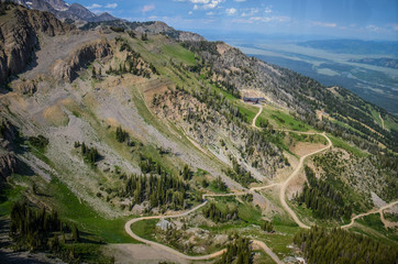 Trails and dirt roads through the Grand Tetons mountains in Jackson Hole Wyoming during the summer....