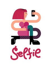 Girl with a smartphone. A girl makes a selfie. The girl is holding a smartphone in her hand. Vector illustration in flat style.