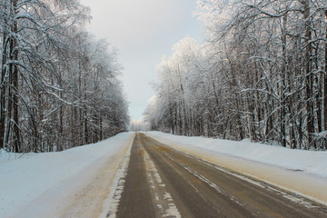 Fototapeta na wymiar Road through winter forest