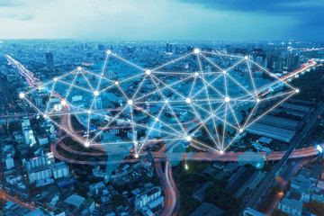 Big DATA Digital cloud,Cityscape line effect network connection on a smart city and wireless communication,IoT(Internet of Things) ICT(Information Communication Technology), Information transmission