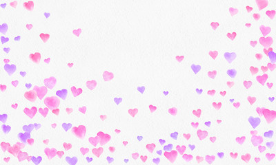 Fototapeta na wymiar Heart shapes watercolor background. Romantic Confetti splash. Background with Heart Confetti. Falling red and pink paper hearts. Greeting wedding card. February 14. illustration.