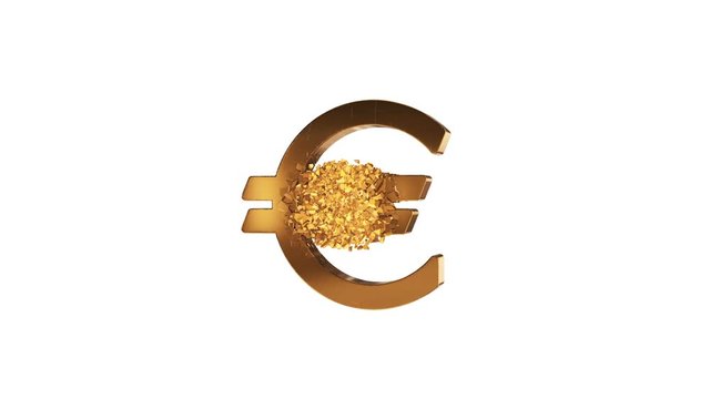 Fractured Euro value 3d model with disappearing effect. Financial crisis concept. Available in FullHD and HD video.