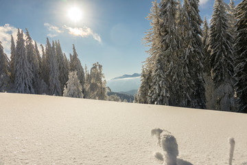 Fantastic winter mountain landscape glowing by sunlight