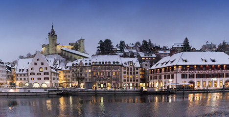 Fototapeta na wymiar Schaffhausen, SH, Switzerland / 5 January, 2019: panorama view of the river Rhine and the city of Schaffhausen in winter