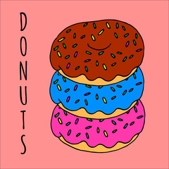 Background for a pastry shop, restaurant or shop of sweets, buns and donuts with illustrations of donuts of different colors and flavors