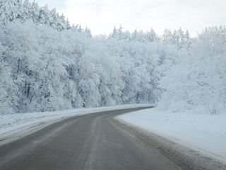 Empty track in the forest in the Alps in beautiful snowy winter