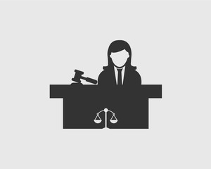 Female Judge Icon with balance and hammer symbol 