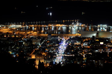 Port of Haifa and Bahai Gardens by night