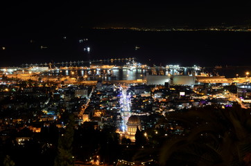 Port of Haifa and Bahai Gardens by night
