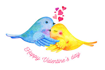 Love birds couple cuddling with hearts and wishing. Hand drawn watercolor illustration for St Valentine's day